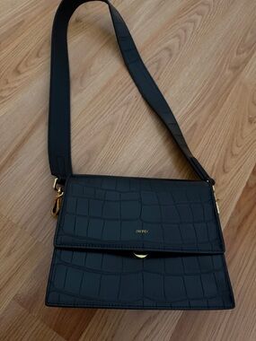 JW PEI Black Croc-Embossed Crossbody Bag with Gold Hardware